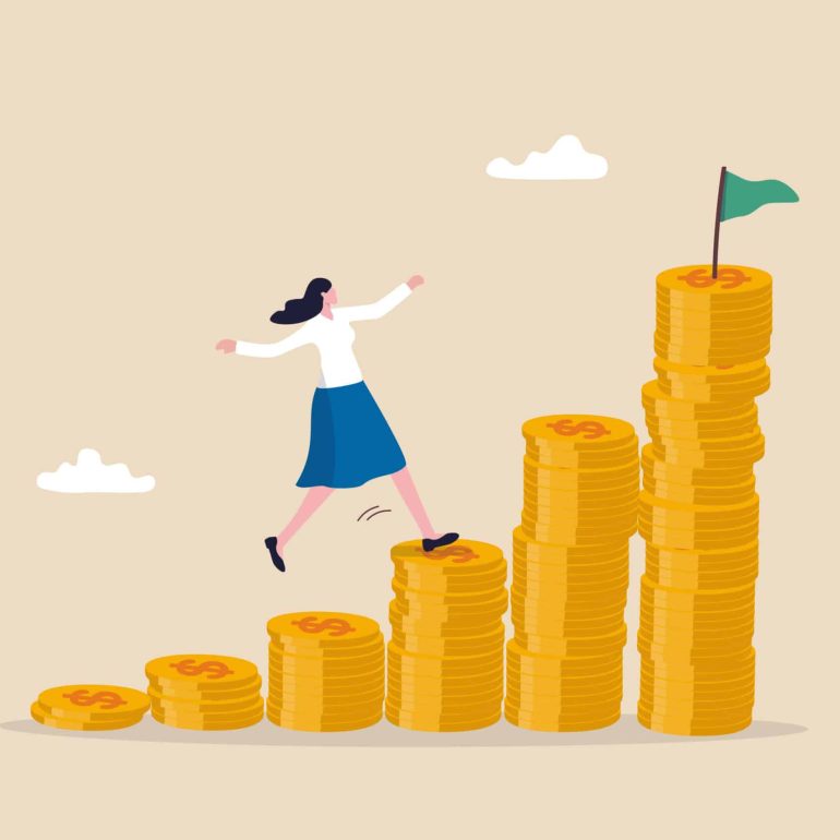 Woman investing, savings or investment for lady or female, growing wealth with compound interest, earning or profit concept, success woman investor step on money coins stack to reach financial goal.